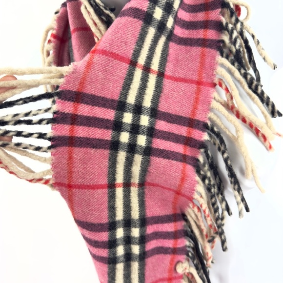 Burberry Happy Fringe Scarf Pink Black Nova Check Plaid Wool Cashmere Blend - Picture 5 of 7